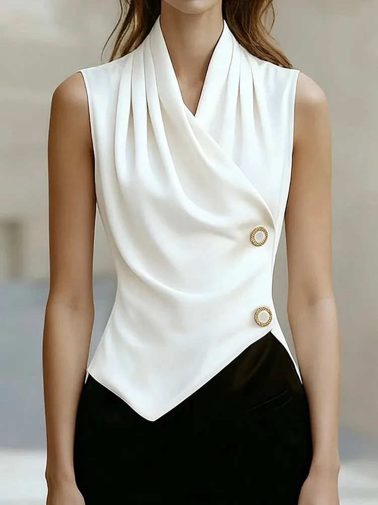 Simple and Elegant Charm High-End Feel Irregular Hem Pleated Neckline V-Neck Sleeveless Top Women's Clothing — image 5