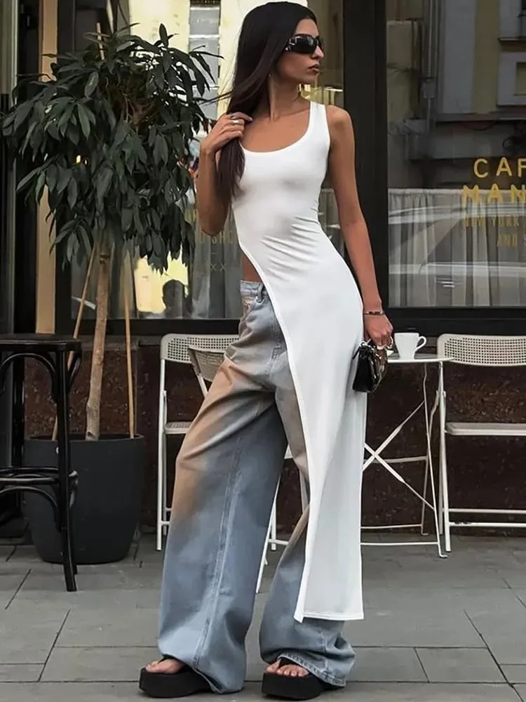 Καλοκαιρινή προσωπικότητα trend slim fit μονόχρωμο street niche ακανόνιστο ασύμμετρο στρίφωμα αμάνικο καμισό φόρεμα — image 4