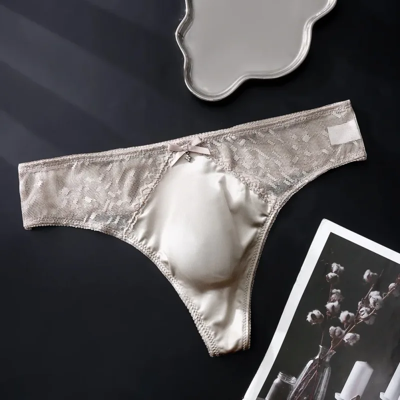 Men's Thong Underwear Made of 81.7% Polyester 18.3% Spandex Ice Silk Blend with Lace Trim and 3D Bulge Pouch Solid G String — image 14