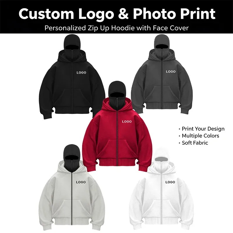 Diy design duplo-capuz zíper hoodies masculino personalizado impresso manga longa zip up sweatshirts feminino máscara ninja pullovers jaqueta — image 2