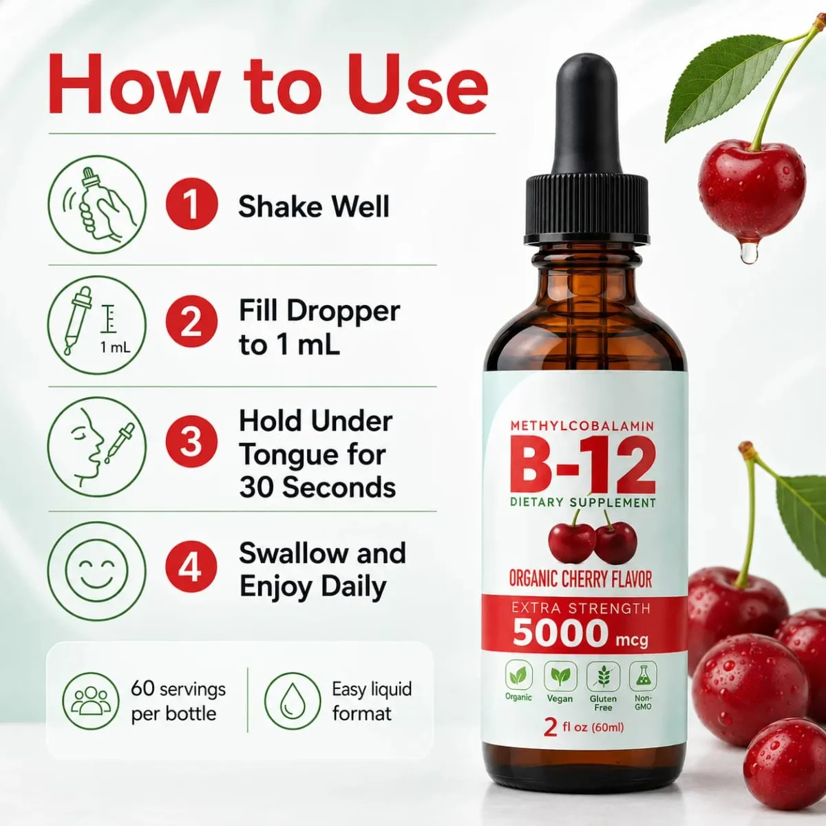 Vitamin B12 Drops 5000mcg Υγρό Υπογλώσσιο Συμπλήρωμα Μεθυλοκοβαλαμίνης Γεύση Κεράσι Vegan Χωρίς Ζάχαρη Καθημερινή Διατροφή 60ml — image 5