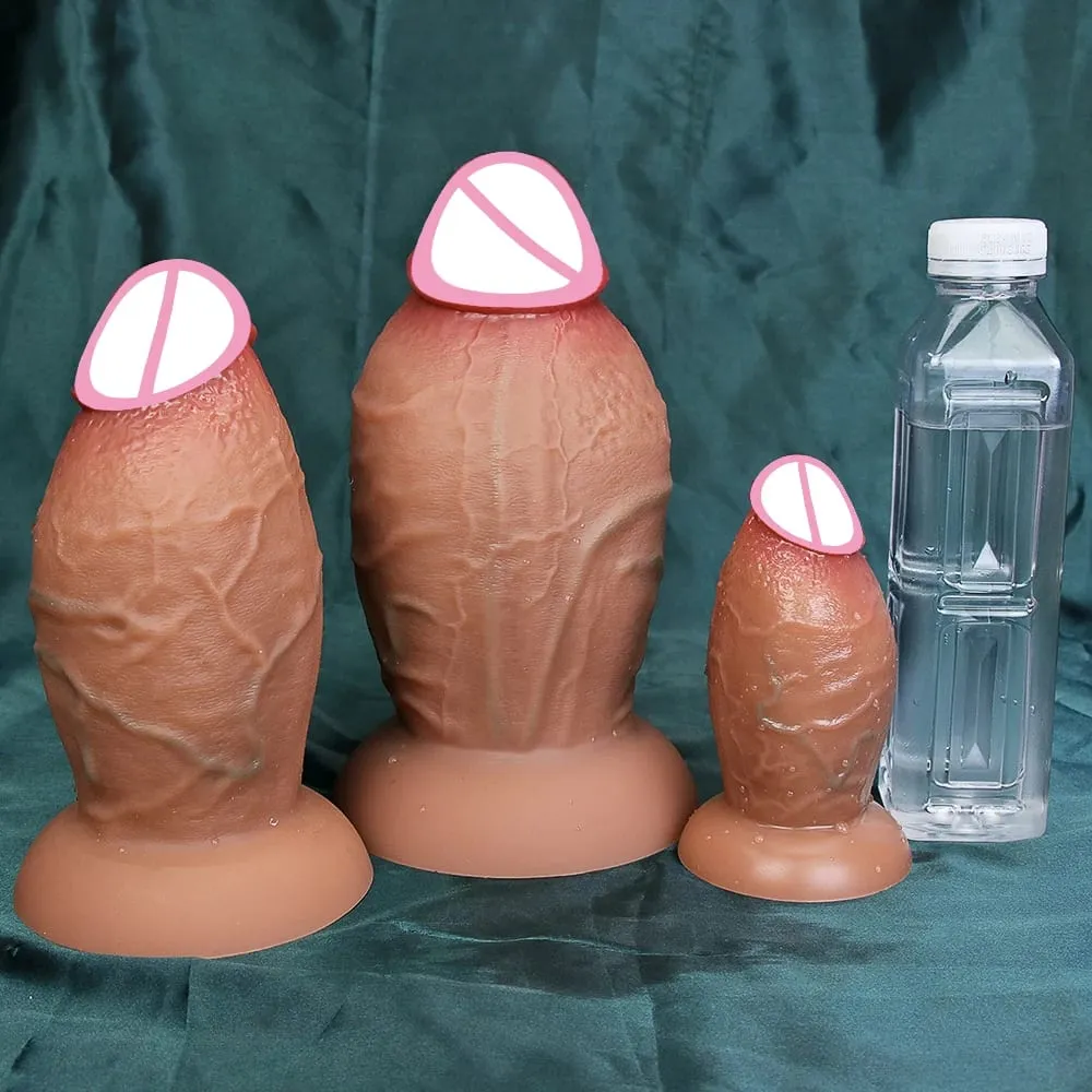 Ρεαλιστικό μαλακό καφέ χοντρό Dildo 3 μεγεθών Τεράστιο ψεύτικο πέος διπλό κόκορας σιλικόνης Γυναίκα Άνδρας Αυνανισμός Βεντούζα Παιχνίδια πρωκτικού σεξ