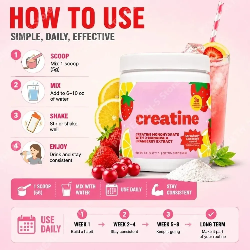 Creatine Monohydrate Powder Supplement 3g Serving Vegan Formula Strawberry Lemonade Flavor Zero Sugar for Active Lifestyle — image 6
