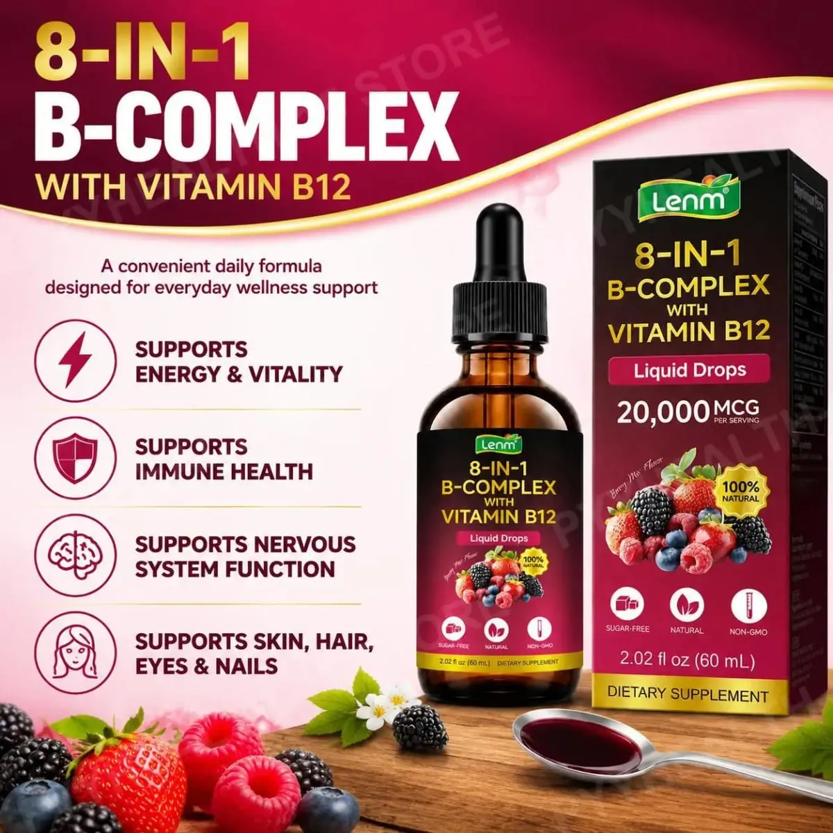 Lenm Vitamin B12 B-Complex folyékony cseppek 8 az 1-ben támogatja az idegrendszer immunrendszerének egészségét és napi energiát 60 ml cukormentes, nem GMO — image 4