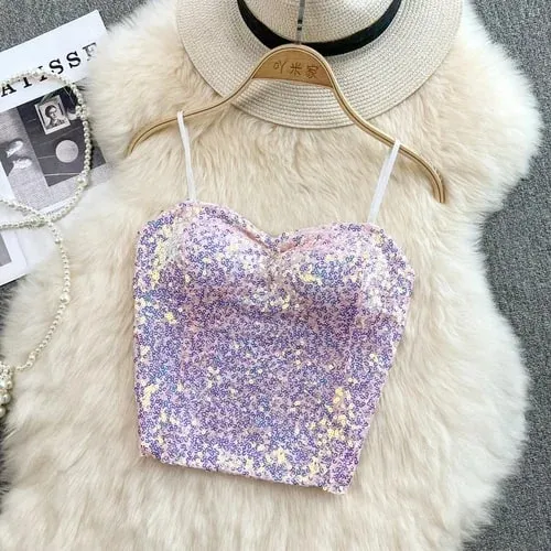 Σέξι Sequin Party σπαγγέτι Croset Bustier εξώπλατα Slim Tanks και Camis Strap Glitter Crop Top Fashion Καλοκαιρινά Γυναικεία Ρούχα Y2k — image 12