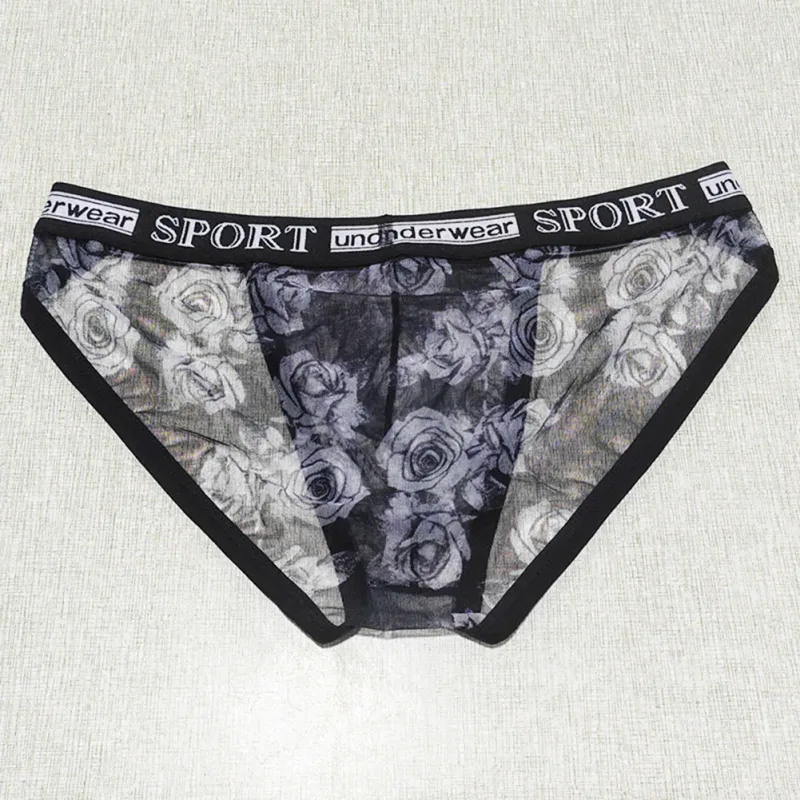 1pc Men Rose Printed Briefs High Fork Perspective Underwear Sexy Mesh Sheer Panties Breathable Comfortable Underpants — image 4