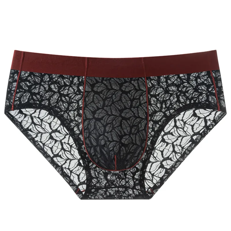 Men Ice Silk Ultra-thin Brief Underwear Seamless Lace Jacquard Breathable Pantie 3D Bulge Pouch Transparent Mesh Lingerie — image 2