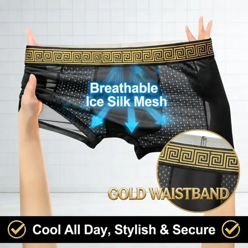 Mens Ice Silk Mesh BoxerBriefs Gold Greek Waistband Breathable Underwear Quick-Dry Bulge Pouch Sports Trunks Plus Size Summer — image 1