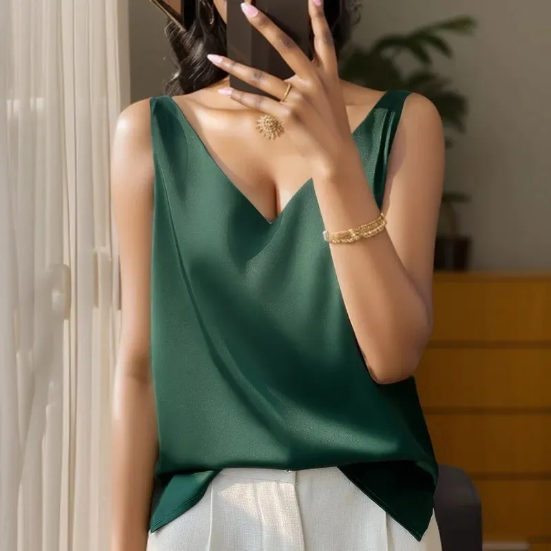 Νέο Lce Silk Satin Camisole Γυναικεία Άνοιξη/Καλοκαίρι μονόχρωμο αμάνικο σέξι άνετο μεταξωτό εσώρουχο RW-D09 — image 5