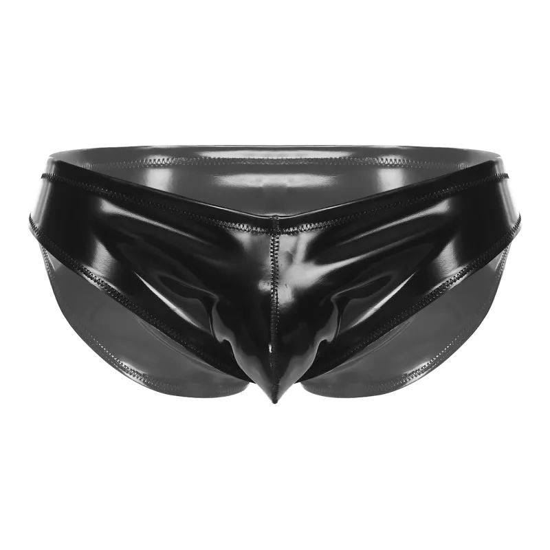 Mens Glossy Latex Briefs Patent Leather Panties Wet Look Bulge Pouch Boxer Briefs Shiny Swimwear Underpants Underwear Lingerie