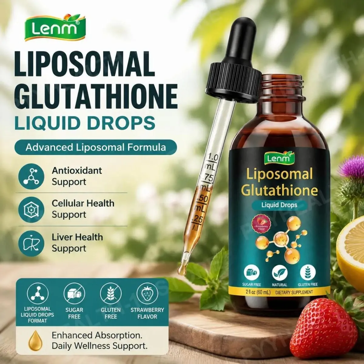 Lenm Liposomal Glutathione Liquid Drops για Αντιοξειδωτική κυτταρική και ηπατική υποστήριξη με NAC Vitamin C Γεύση Φράουλα 60 mL — image 2