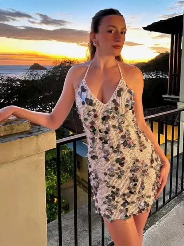 Women Solid Sequin Mini Dress Halter Neck Deep V Neck Bodycon Sleeveless Sparkly Vestidos Formal Club Party Cocktail Dresses New — image 13