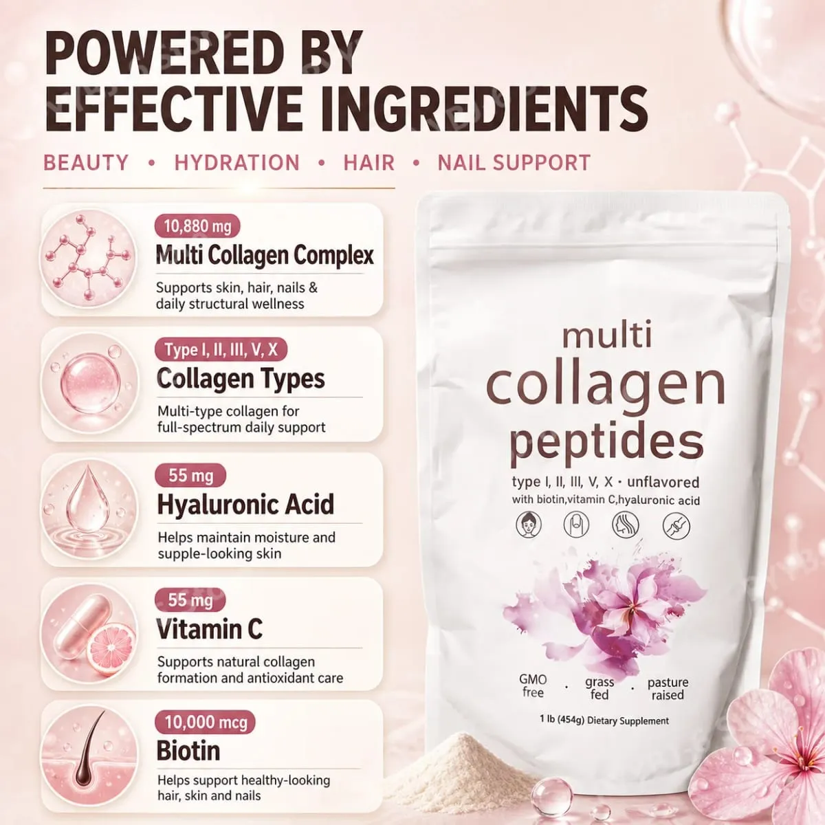 Multi Collagen Peptides Powder 454g Unflavored Collagen Blend with Vitamin C Biotin Hyaluronic Acid Skin Hair Nails Support — image 4