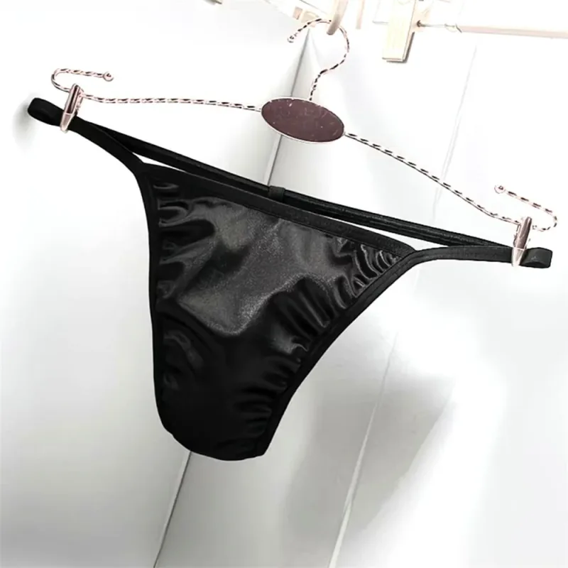 2PCS Men's T-back Thong Sexy Thin Strap Glossy Ice Silk Underwear Male U Convex Night Bikini Low Waist Plus Size Satin G-strings