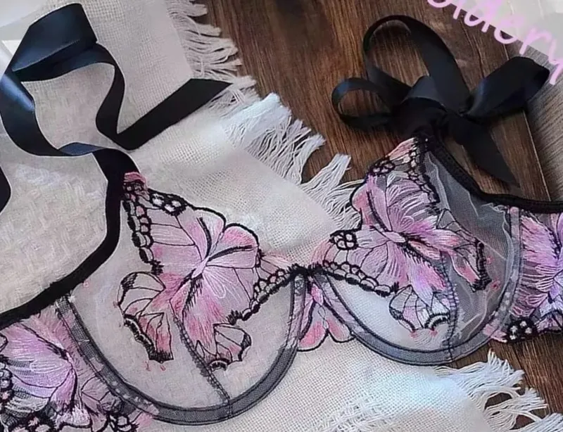 Reggente Pizzo Francese Farfalla Rete Trasparente Spalline Elastiche Senza Spugna Σετ Intimo S-XL Nuovo Morbido