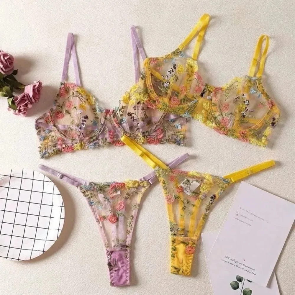 2-Pece Fashion Floral Σετ Εσώρουχα Διαφανές Κέντημα Εσώρουχα Intimates Underwire Push-up Ευέλικτο Σετ εσώρουχα σουτιέν για κορίτσια