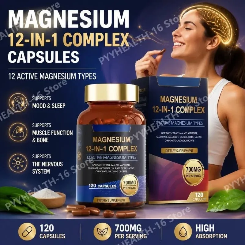 Magnesium Glycinate 12-in-1 Complex Sleep & Mood Support Muscle & Bone Health Citrate Malate Taurate 120 Capsules Non-GMO — image 1