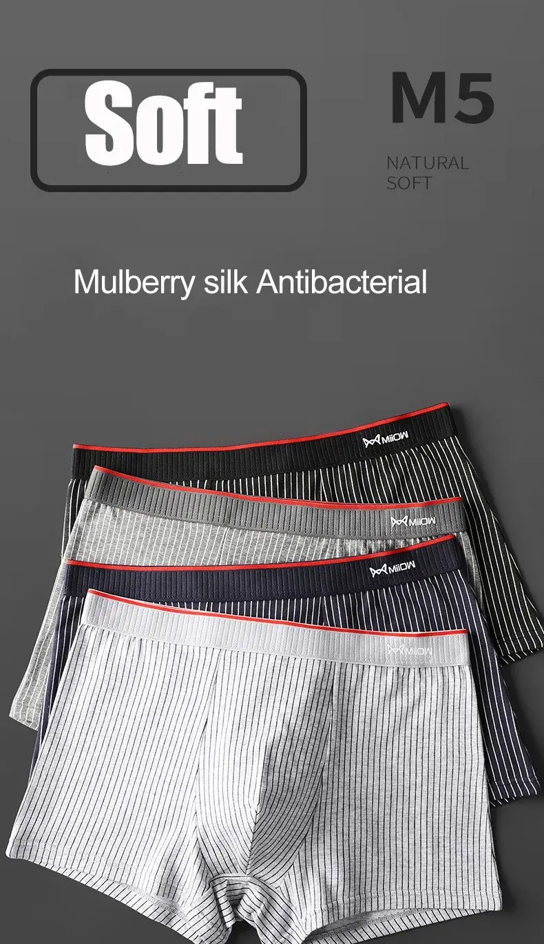 MiiOW PLUS 5XL 3/4Pcs Striped Panties Boxershorts Men Underwear Organic Cotton Boxer Shorts Antibacterial Seamless Underpants — image 1