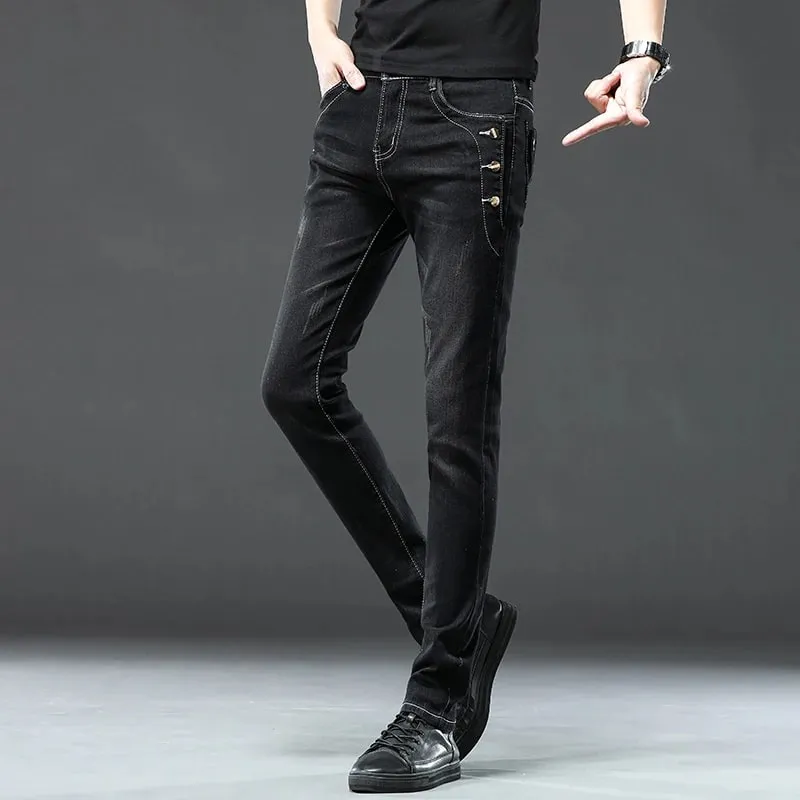 New Men Slim Korean Button Jeans Μαύρο Skinny μονόχρωμο Stretch με πολλά κουμπιά Ανδρικό τζιν παντελόνι Streetwear
