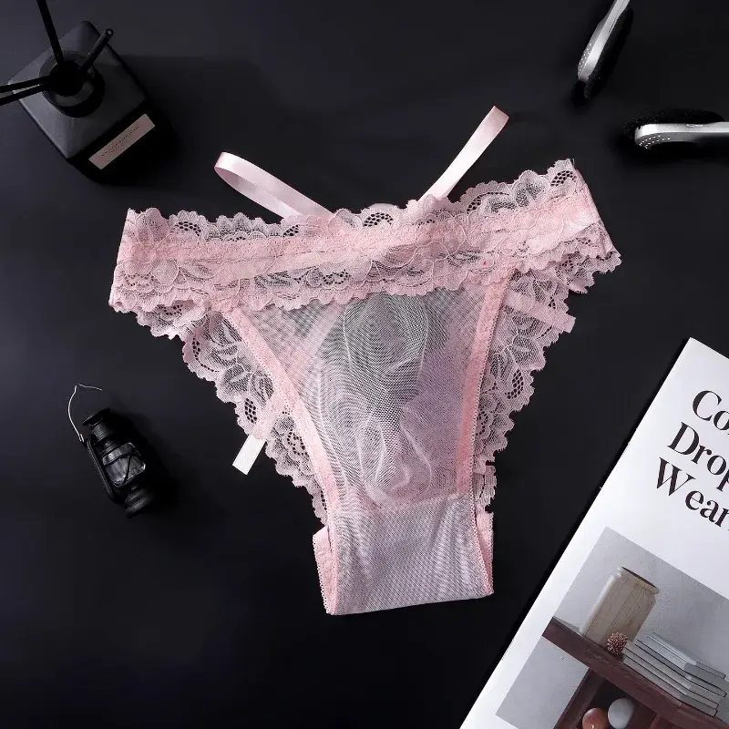 Men Sexy Sheer Underwear French Lace Briefs Mesh Bow Lace Up Panties Low Rise Sissy Panties Ultra-Thin Pouch Underpants