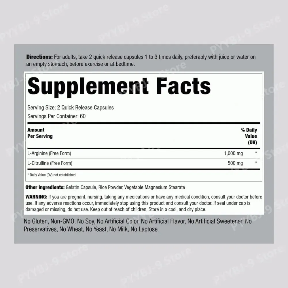 1500 Mg L‑Arginine & L‑Citrulline Per Serving Free Form Amino Acid Complex for Men & Women Non‑GMO Gluten Free 120 Capsules — image 3
