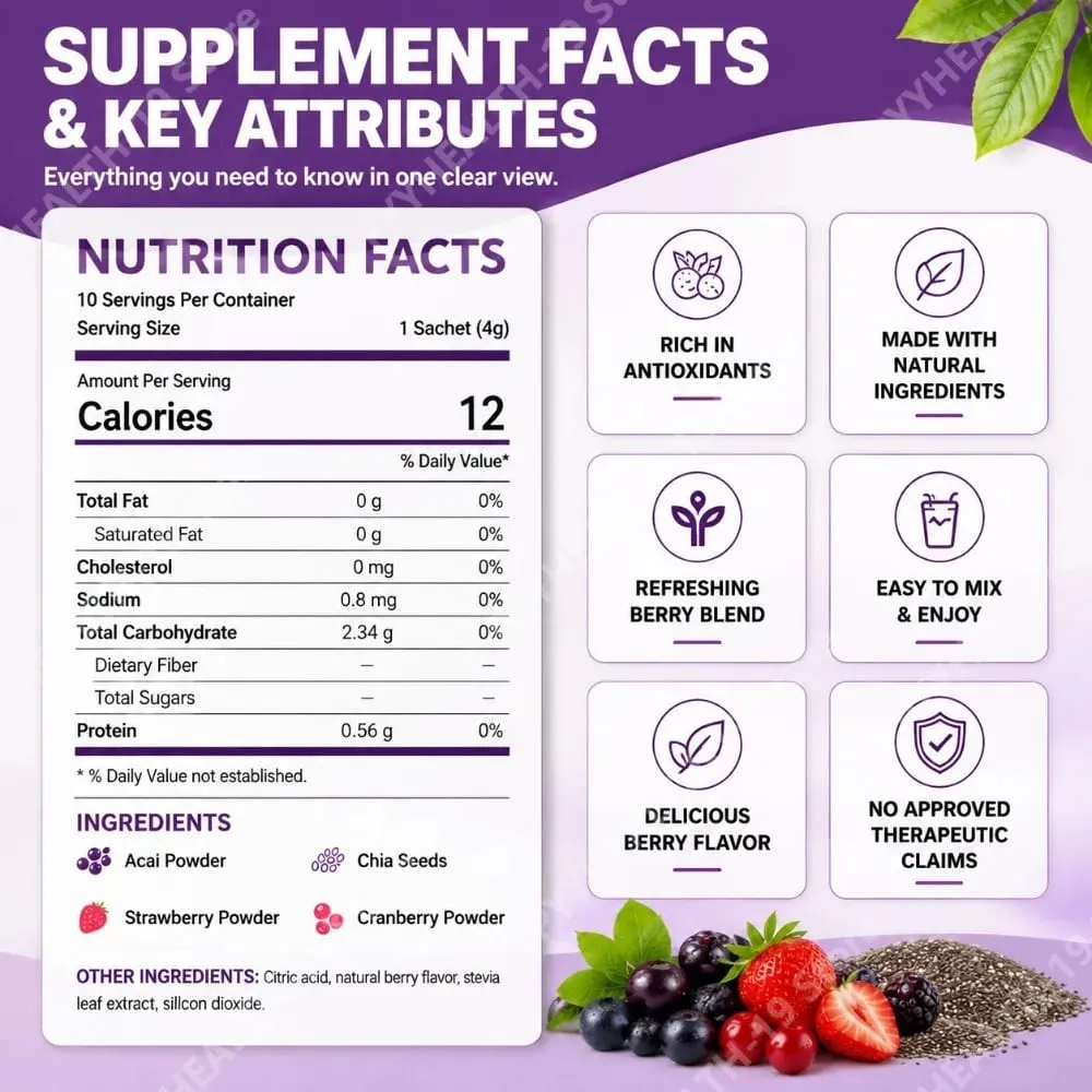 Acai Berry Drink Powder with Chia Seeds Strawberry Cranberry For Antioxidant Daily Wellness & Immune System Support Adult 40g — image 3