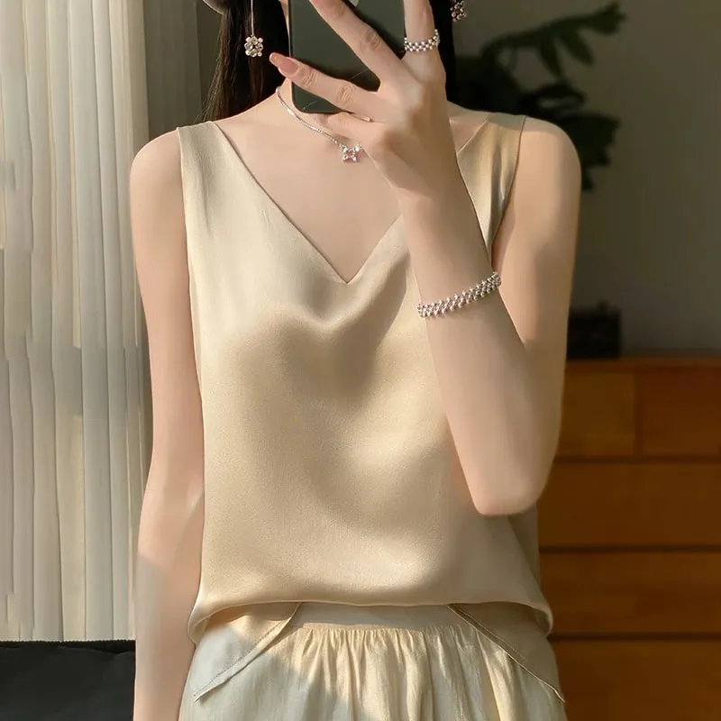 Νέο Lce Silk Satin Camisole Γυναικεία Άνοιξη/Καλοκαίρι μονόχρωμο αμάνικο σέξι άνετο μεταξωτό εσώρουχο RW-D09 — image 12