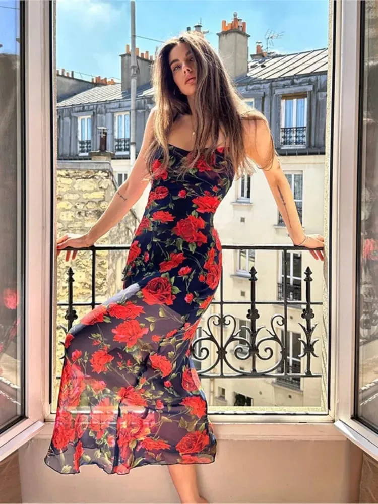Flowers Print Φορέματα Spaghetti Γυναικεία Ιδιοσυγκρασία Πακέτο Hip Bodycon Μακρύ Φόρεμα Μόδα Σέξι εξώπλατη κυρία Slim Vestidos