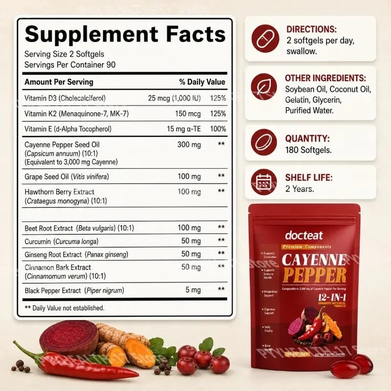 Cayenne Pepper Softgels with 12-in-1 Enhanced Botanical Formula for Antioxidant and Vascular Health Support 180 Softgels — image 2