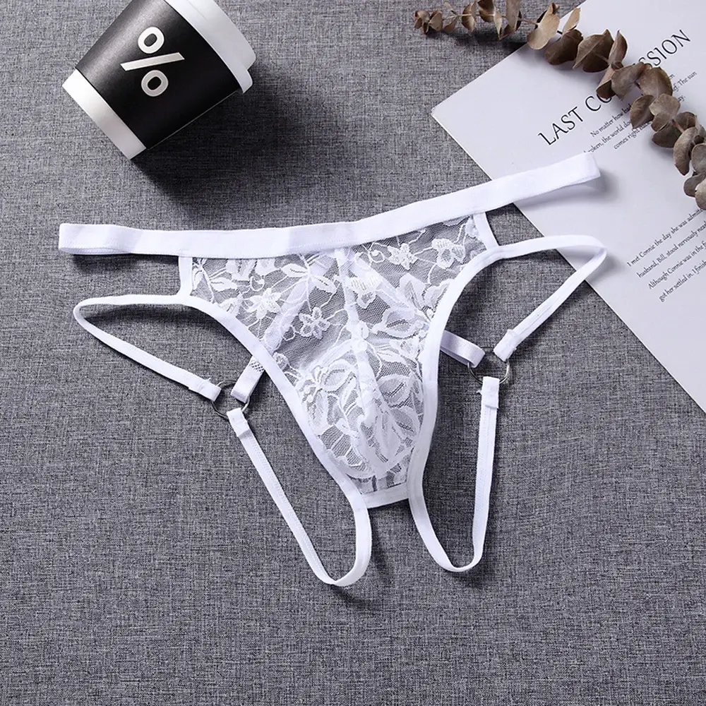 Sexy Underwear Men's G-Strings Exotic Lingerie Panties Sheer Lace Pouch Hollow Out Lace Flower Pattern Adjustable Waistband