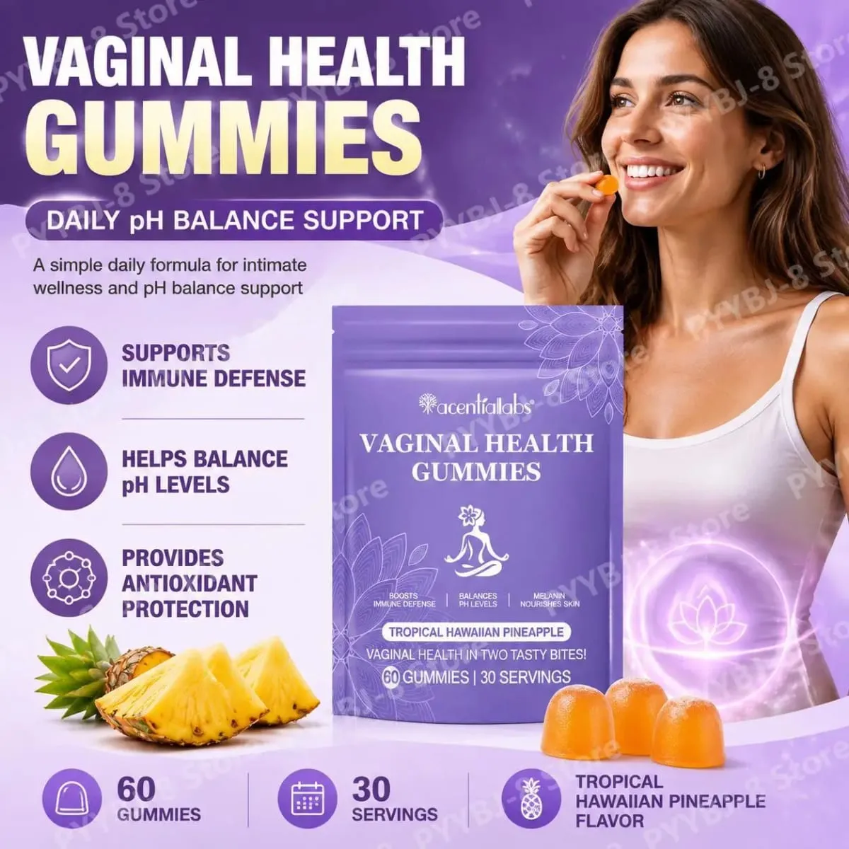 Acentiallabs Vaginal Health Gummies με Bacillus Coagulans και βιταμίνη C Υποστηρίζει την άμυνα του ανοσοποιητικού και το PH Balance 60 Gummies
