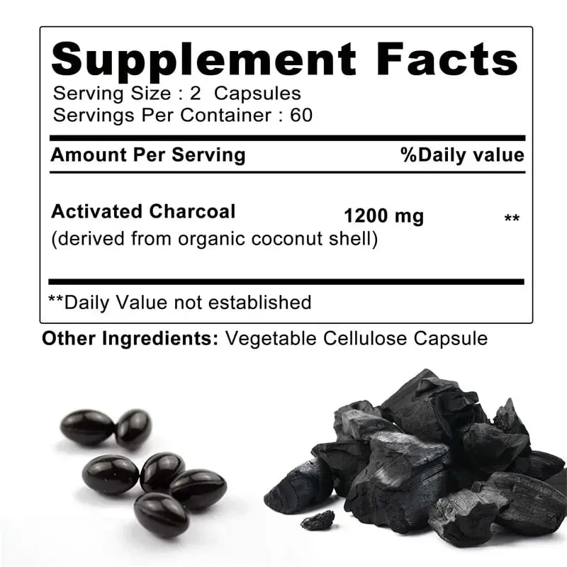 Activated Charcoal Capsules 1 200 Mg - Organic Coconut Shell Helps Relieve Gas & Bloating Detox & Bowel Digestive Supplement