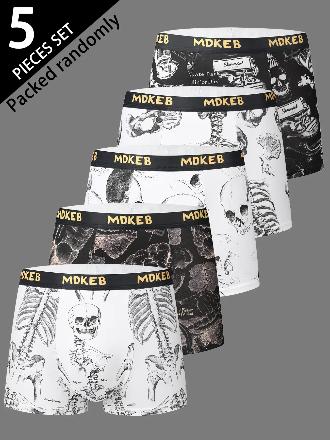 5-Pack Men's Mixed Hair Boxer Briefs with Popular Skull Print Mid-Waist Thin High Elastic Comfortable Men's Boxer Shorts — image 4