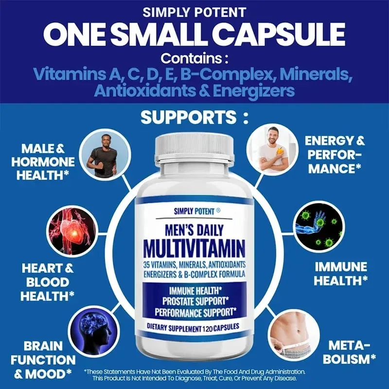 Daily Multivitamin for Men for Prostate Energy Concentration Metabolism Immunity Vitamins: A C D E (B1 B2 B3 B5 B6 B7 B9 B12)