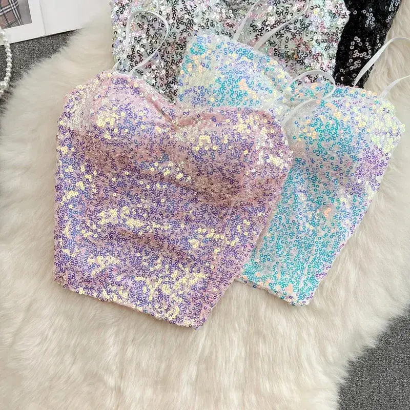Σέξι Sequin Party σπαγγέτι Croset Bustier εξώπλατα Slim Tanks και Camis Strap Glitter Crop Top Fashion Καλοκαιρινά Γυναικεία Ρούχα Y2k — image 9