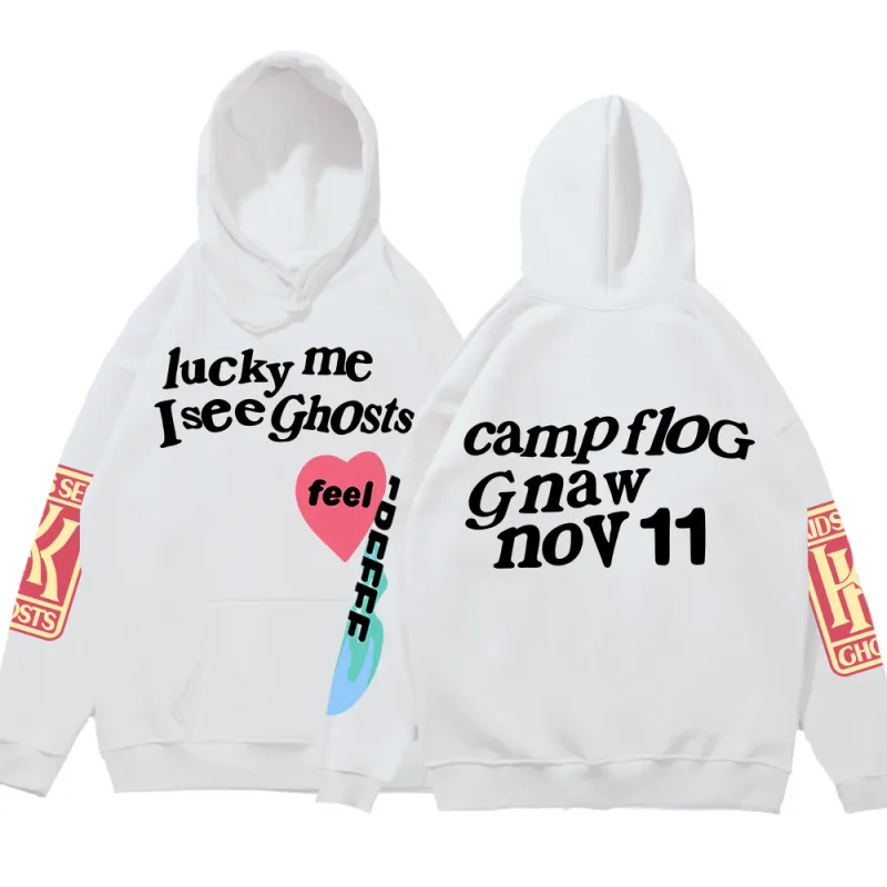Moletom com capuz solto estampado com grafite Kanye Moletom masculino oversized Luck Me I See Ghosts Camisola com capuz Unissex Camisola com capuz — image 15