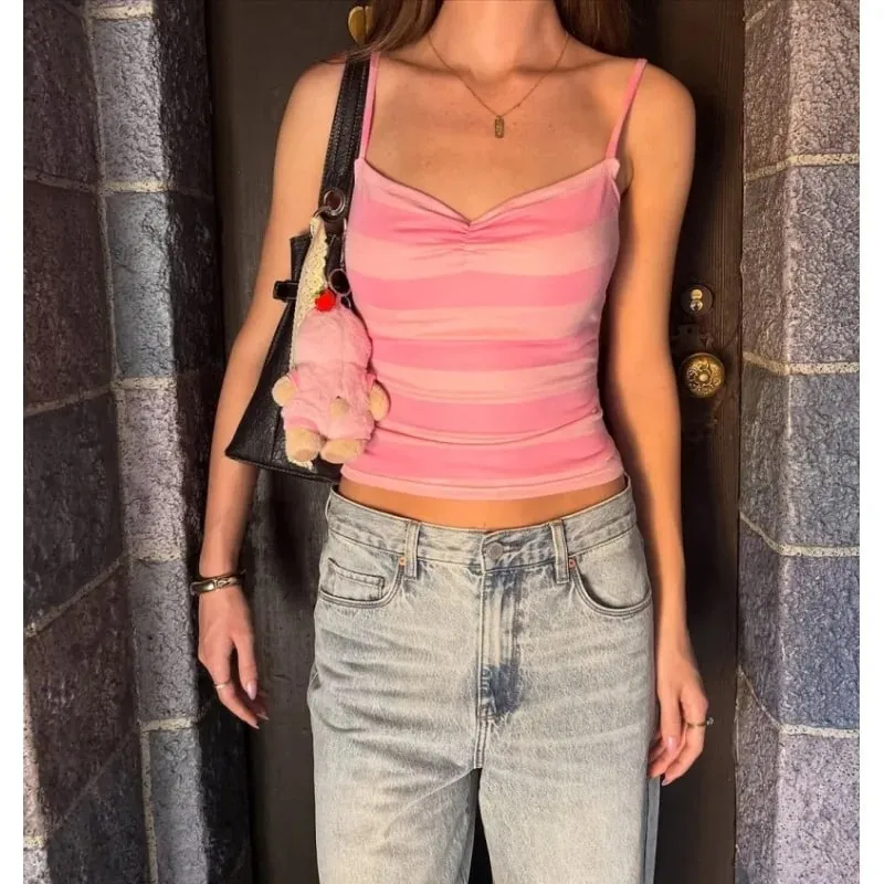 Color Block Stripe Twist Front Spaghetti Strap Cami Top Slim Fit Y2K Sweet קיץ גופייה ללא שרוולים — image 7
