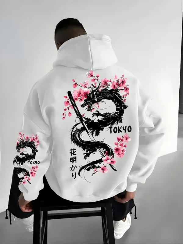 Pull à capuche imprimé de fleurs de cerisier à motif de dragon de style anime pour hommes pour la chaleur hivernale style ample et décontracté