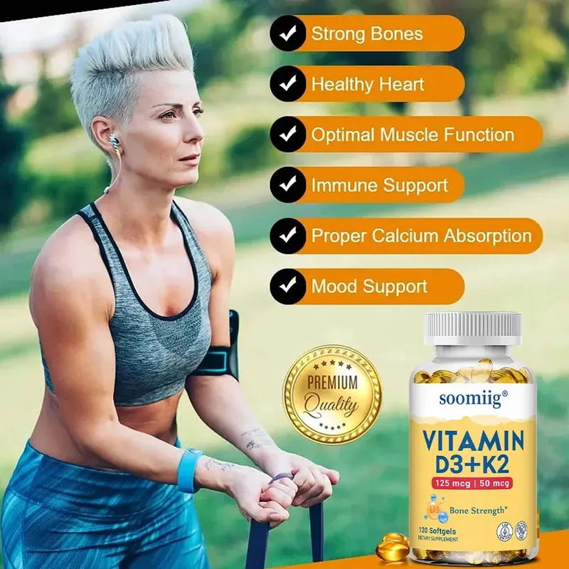 Vitamina D3 K2 - Suplemento de saúde óssea e suporte imunológico - com 5.000 UI de vitamina D e 50 mcg de vitamina K2 sem soja