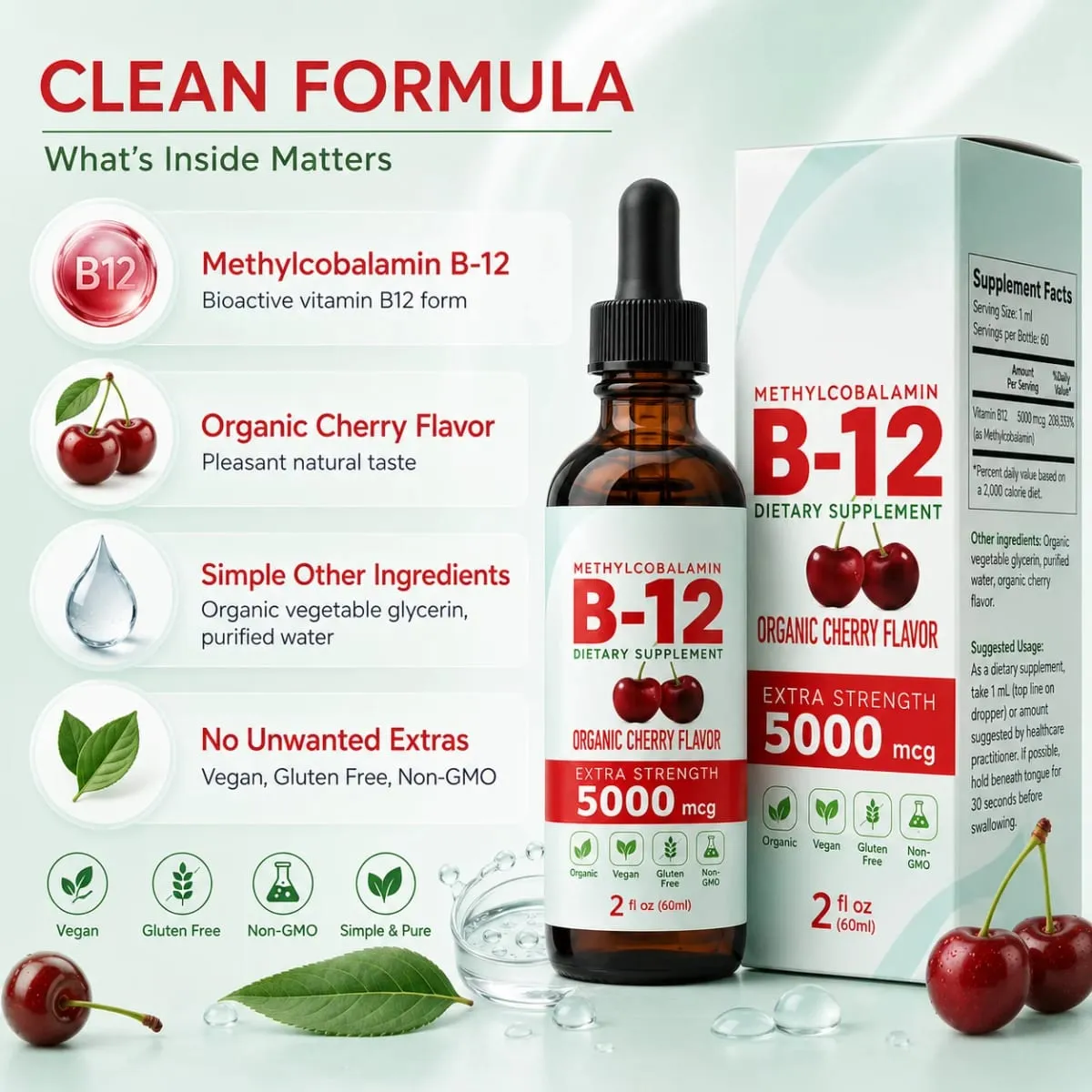 Vitamin B12 Drops 5000mcg Υγρό Υπογλώσσιο Συμπλήρωμα Μεθυλοκοβαλαμίνης Γεύση Κεράσι Vegan Χωρίς Ζάχαρη Καθημερινή Διατροφή 60ml — image 3