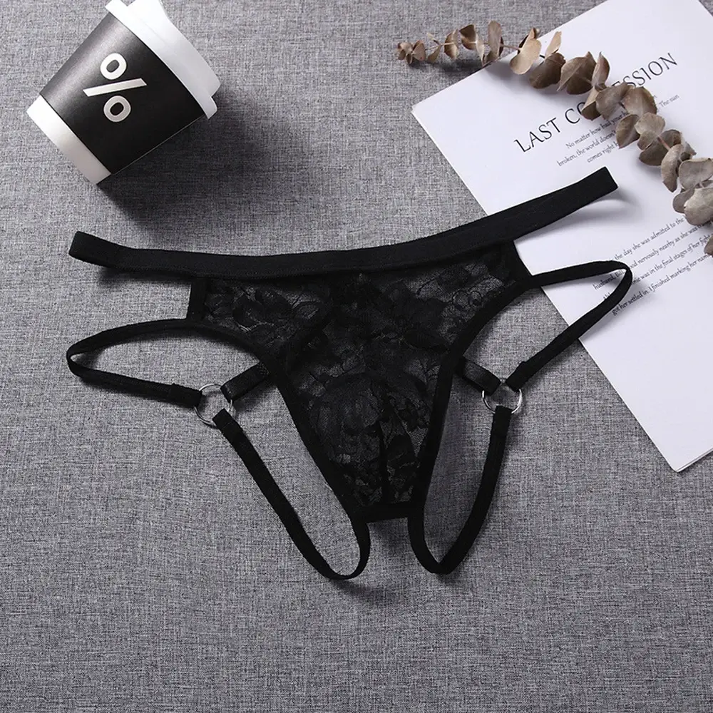 Sexy Underwear Men's G-Strings Exotic Lingerie Panties Sheer Lace Pouch Hollow Out Lace Flower Pattern Adjustable Waistband — image 6