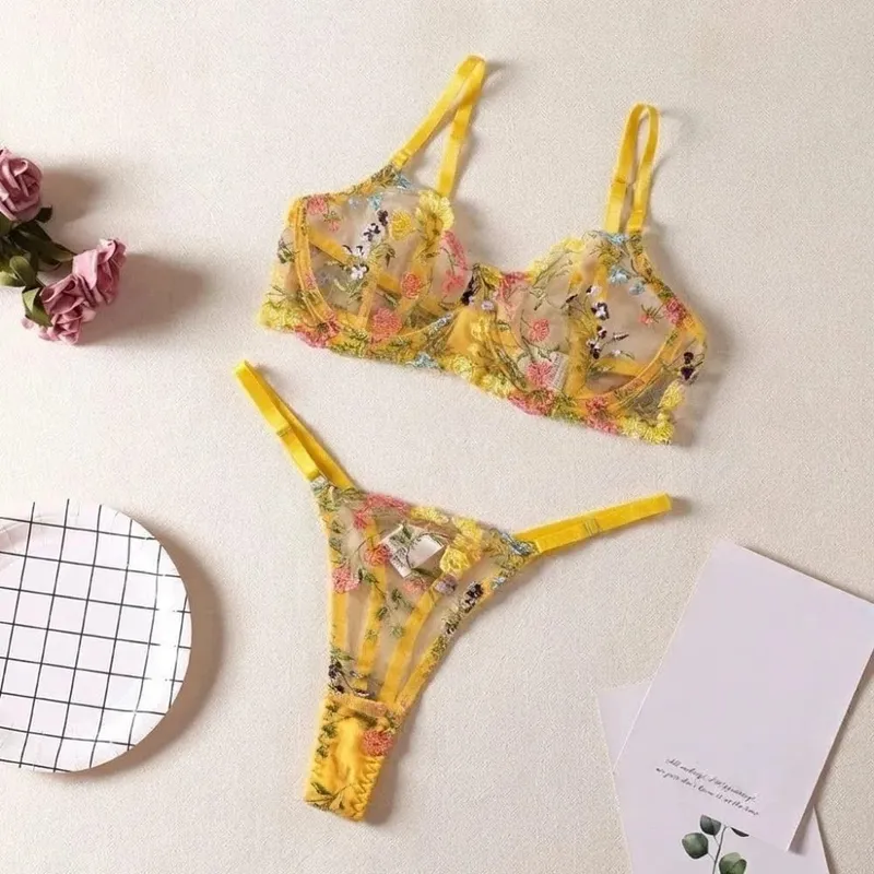 2-Pece Fashion Floral Σετ Εσώρουχα Διαφανές Κέντημα Εσώρουχα Intimates Underwire Push-up Ευέλικτο Σετ εσώρουχα σουτιέν για κορίτσια
