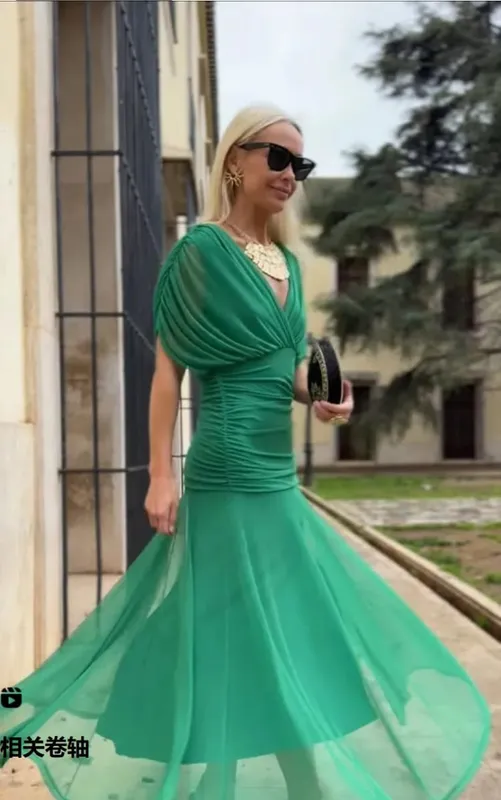 Γυναικείο μακρύ φόρεμα με βαθύ δικτυωτό λαιμόκοψης V Κομψό, κοντό μανίκι με ρουφηξιά, ψηλή μέση 2026, καλοκαιρινή γυναικεία ρόμπα του δρόμου — image 10