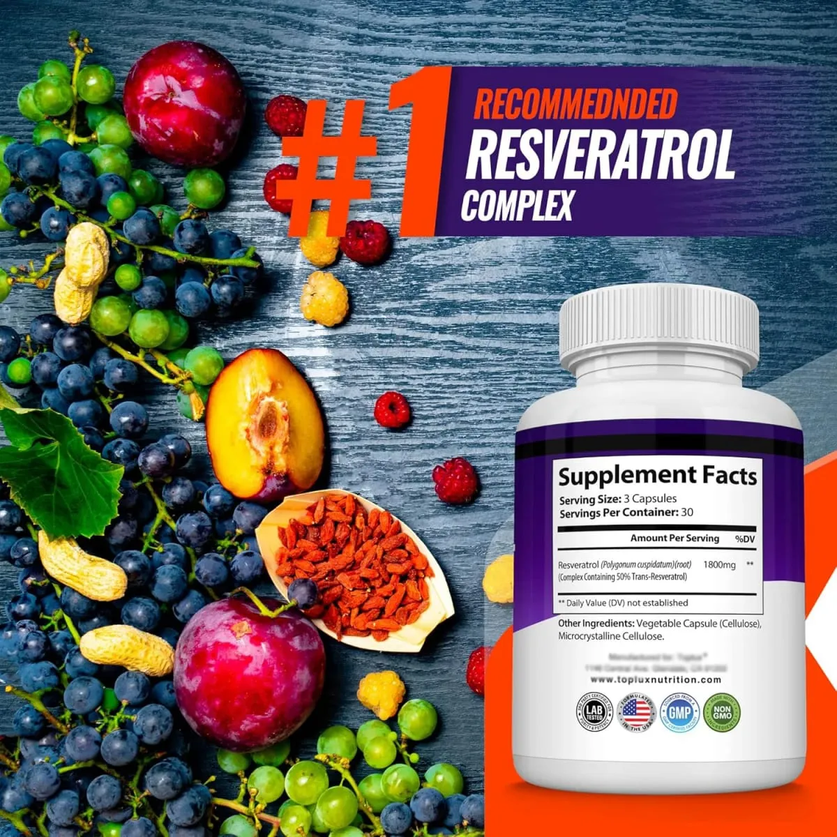 Resveratrol Complex - Trans Resveratrol Supplement with Grape Seed - Promote healthy aging immune system brain functio 90 pill — image 7