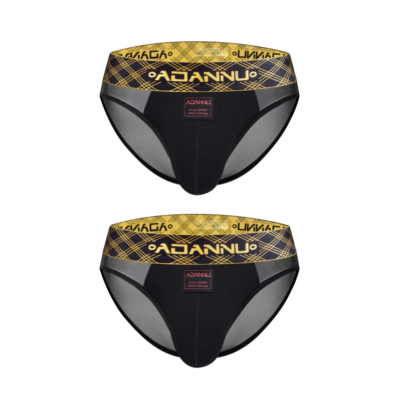 Luxury Ice Silk Men's Underwear with Gold Thread Embroidery Waistband Ultra-Thin Transparent Mesh Quick-drying Briefs for Men