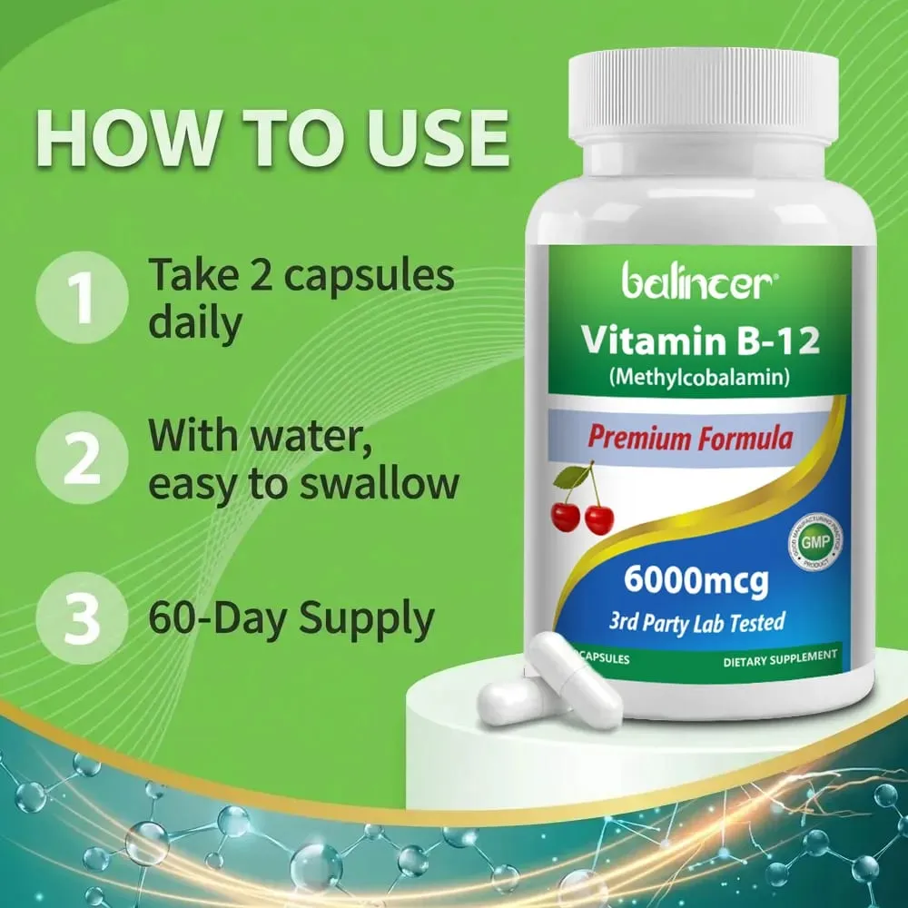Vitamin B12 Supplement 6000mcg - Energy Brain Memory Mood Heart Function Nervous & Immune System Support 30/60/120 Capsules — image 6