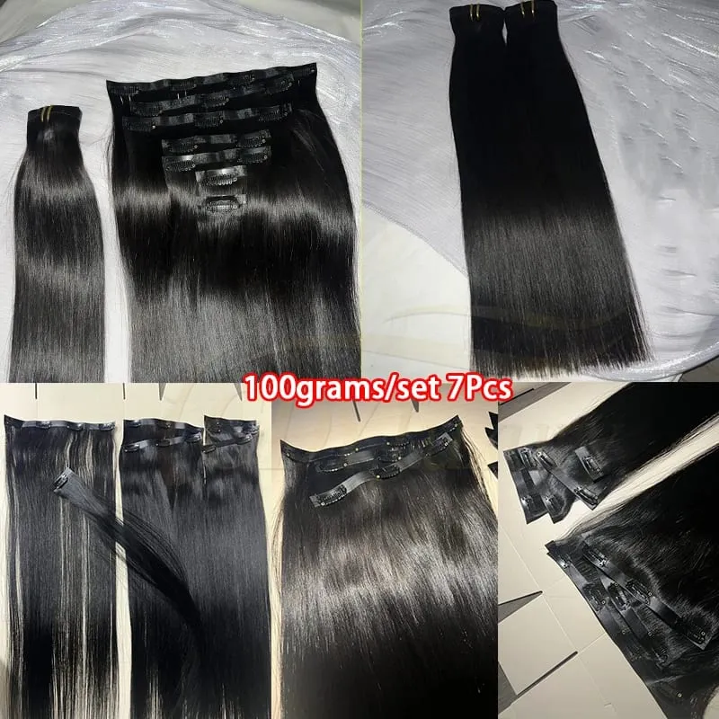 Insible Seamless Clip Ins Bone Straight Human Hair Unprocessed Raw Hair PU Weft Extensions Full Head 7Pcs/Set Clip on Hair — image 6