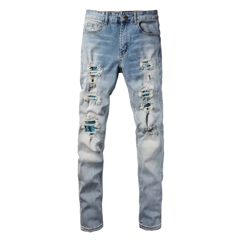 Men Crystal Patch Denim Jeans Streetwear Blue Patchwork Stretch Pants Ripped Distressed Skinny Tapered Trousers — image 5