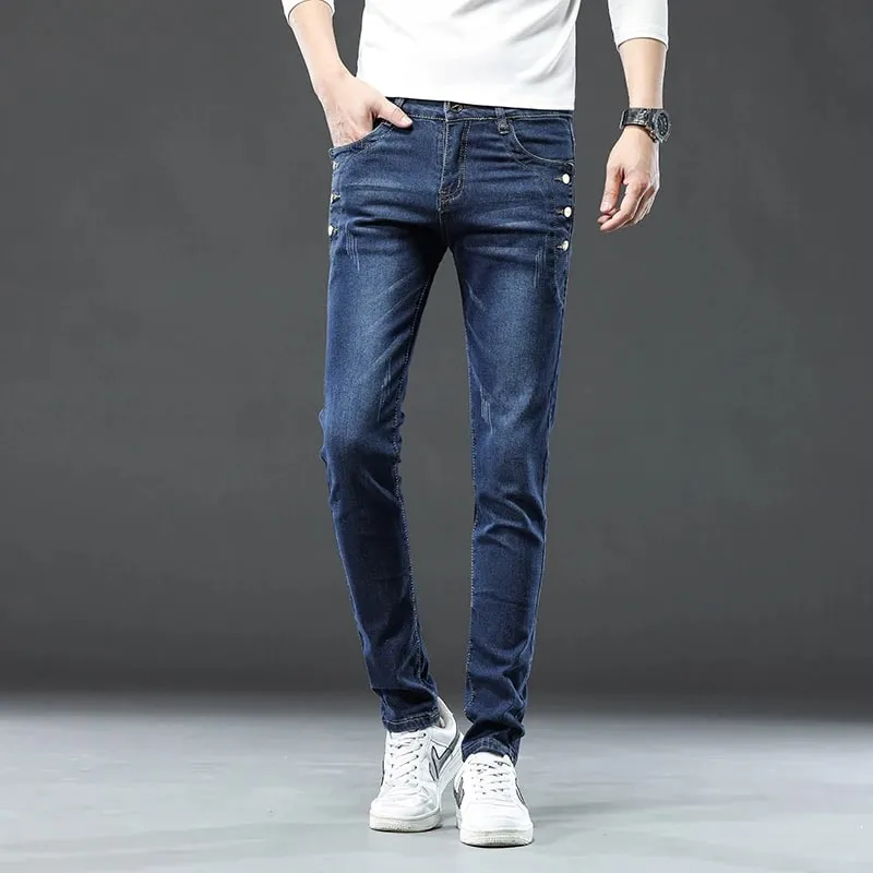 New Men Slim Korean Button Jeans Μαύρο Skinny μονόχρωμο Stretch με πολλά κουμπιά Ανδρικό τζιν παντελόνι Streetwear
