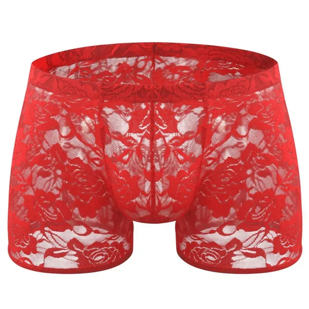 Men See Through Lace Boxer Shorts Bulge Pouch Low Waist Underwear Solid Panties Elastic Waist Breathable Transparent Underwear